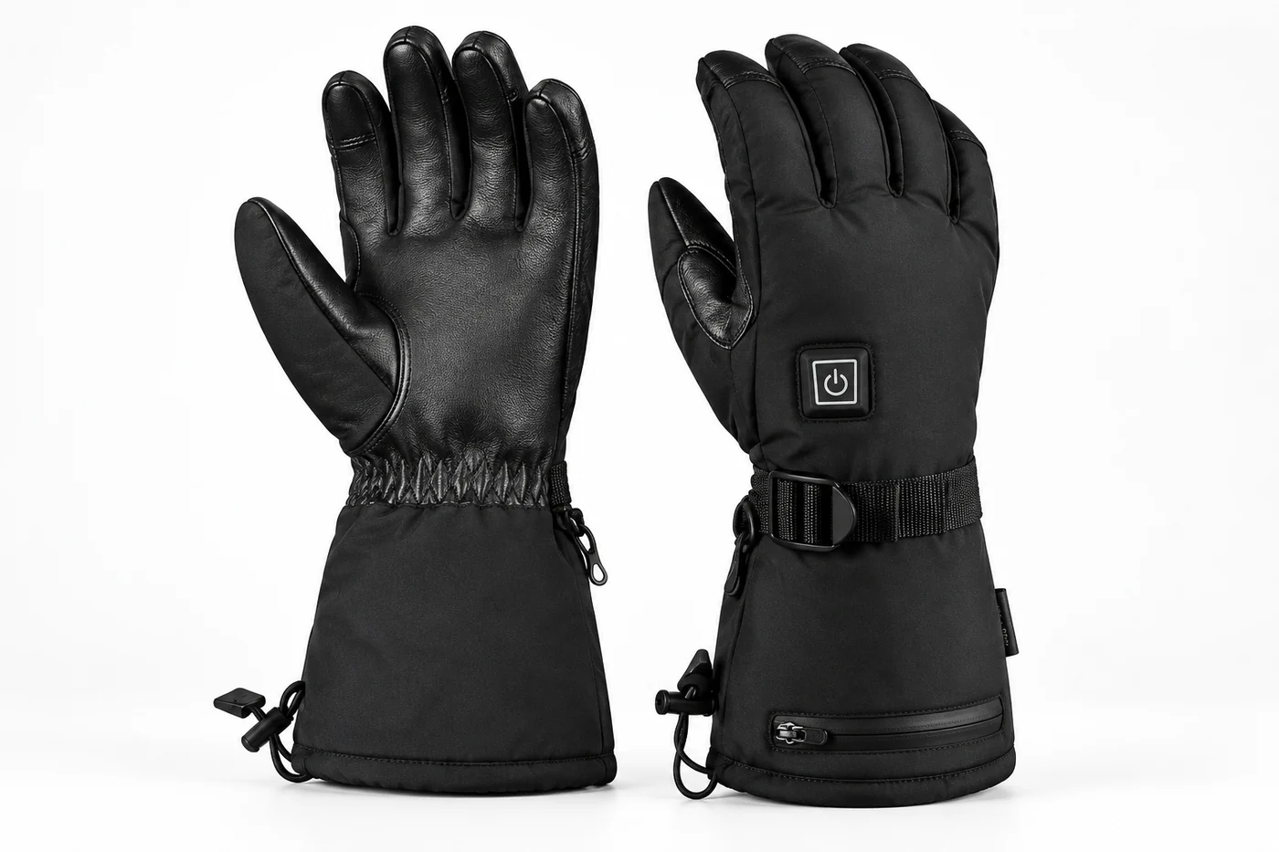 Black leather and weather-resistant nylon heated gloves with a long cuff and integrated control